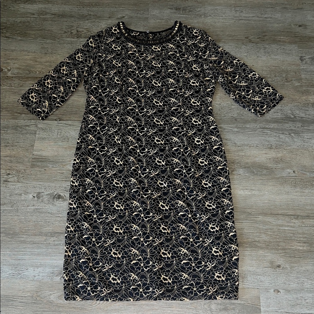 Liz Claiborne Black and Gold lace  Rhinestones Lined Dress 18